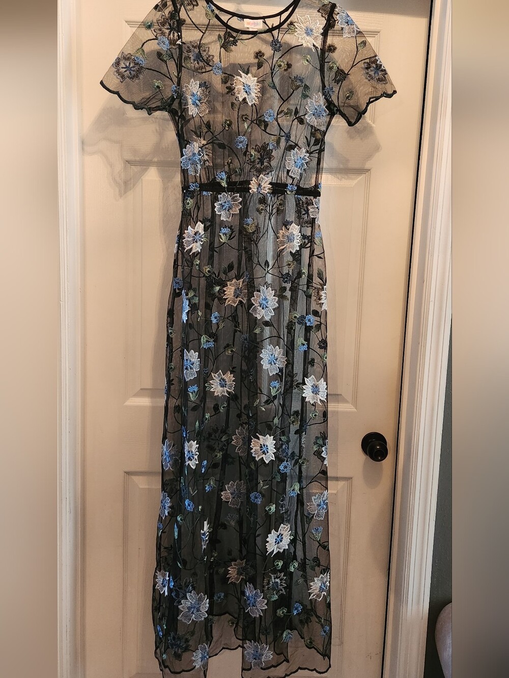 NWOT LULA ROE Sheer Black Floral Embroidered Maxi Dress - Blue/White Flowers